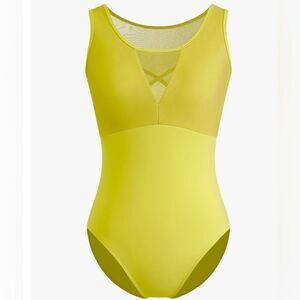 Women's Mesh Cross Hollow Back Gymnastics Tank Leotard Macha Yellow